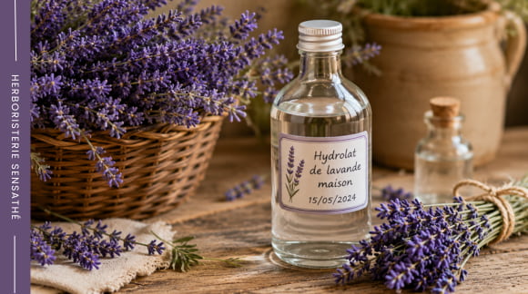Flacon d'hydrolat de lavande maison étiqueté avec la date de fabrication entouré de fleurs de lavande - Herboristerie Sensathé Flacon d'hydrolat de lavande maison étiqueté avec la date de fabrication entouré de fleurs de lavande - Herboristerie Sensathé